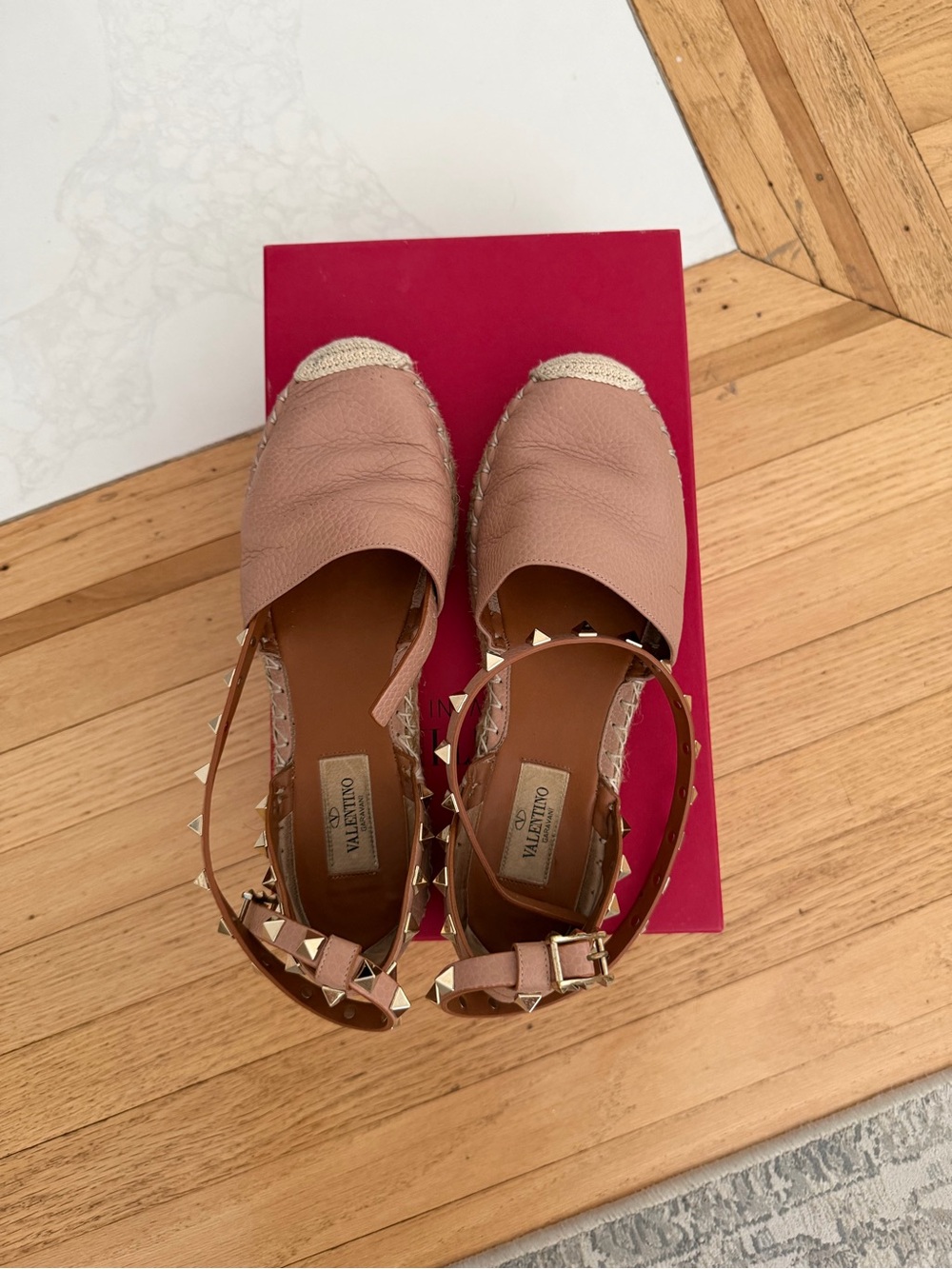 Valentino Pink Leather Espadrille ankle strap with Gold Studs